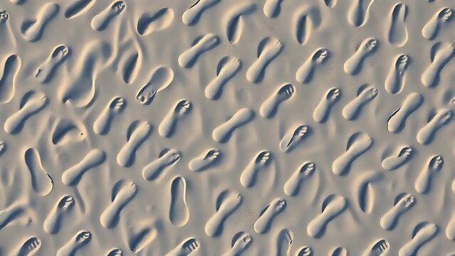 Top view of dense footprints on sand, repeating pattern of beach footmarks