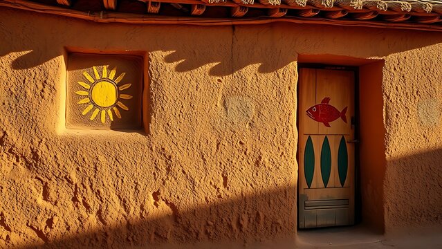 Adobe house wall closeup, warm sunlight with sun painting and wooden door fish decor