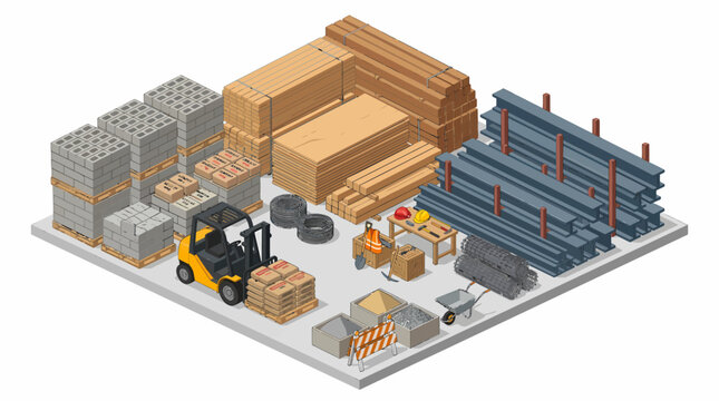 Isometric view of a construction material warehouse with various building supplies and equipment.
