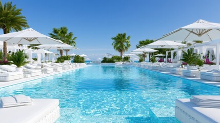 Obraz na płótnie Canvas Elegant Resort Pool Terrace With Palm Trees And Blue Lagoon