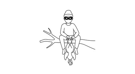 Obraz premium Thief sitting on a tree branch, holding a stolen bird upside down