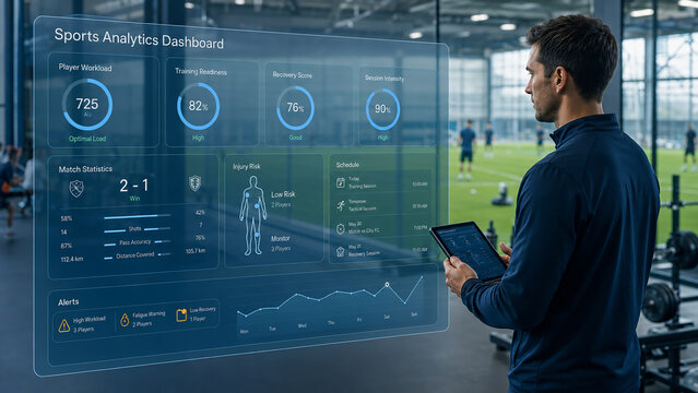 Sports coach using a digital analytics dashboard to monitor athlete performance and training readiness in a modern sports facility