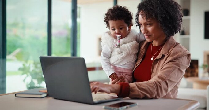 Remote work, woman and playing with baby in home for multitasking, laptop research or bonding. Freelancer, super mom and typing on tech for productivity, career balance or care for infant development