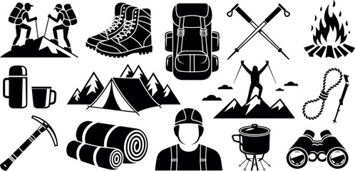 Mountaineering and hiking silhouette icons set with climbers mountains tent backpack boots trekking poles binoculars and campfire for wilderness adventure and camping © MdAbdur