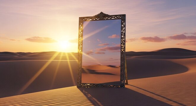 Mirror standing in a sandy desert at sunset