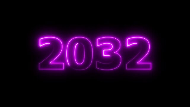 2032 Sal number neon text animation. Neon purple number new year background 4k video.