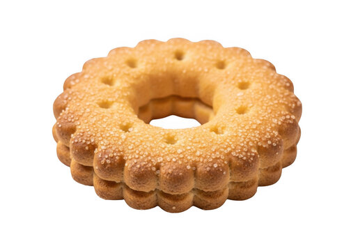 A single round, scalloped-edge shortbread biscuit with a central hole, sprinkled with granulated sugar, isolated on a black background