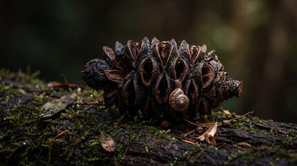 Tiny snail slowly navigates a textured, spiky seed pod resting on a moss-covered log in a damp. © Stephen