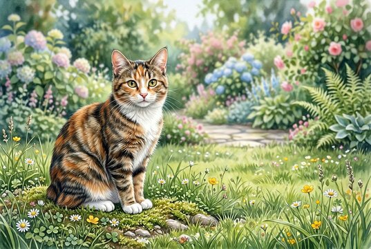 Generated AI set photos beautiful calico tabby cat sitting in lush blooming flower garden