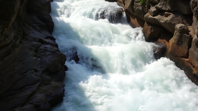 Whitewater rapids rushing through a narrow rocky canyon, turbulent flow with splashing foam.