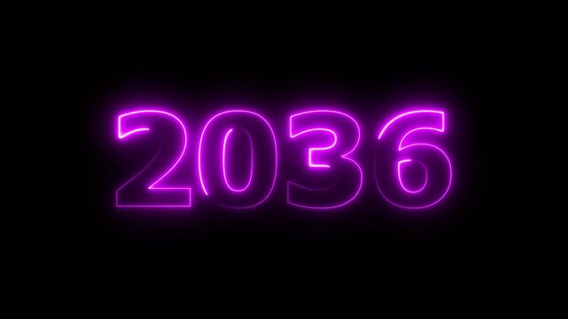 2036 Sal number neon text animation. Neon purple number new year background 4k video.
