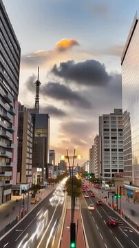 Paulista Avenue, financial center of the city and one of the main places of Sao Paulo, Brazil. Time lapse in vertical video