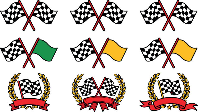 Racing Checkered Flag Icon Set with Crossed Green Yellow Flags Laurel Wreaths and Red Ribbons for Motorsport Championship Designs