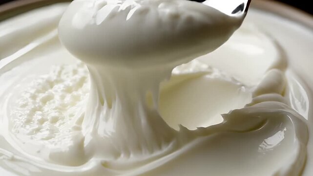 Closeup of a Spoon Scooping Creamy Yogurt with Powdered Sugar Sprinkled.