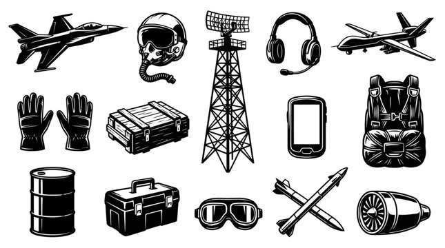 Military Aviation and Air Force Equipment Line Art Icons Set - Black and White Vector Collection