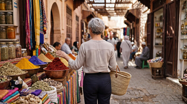 Senior woman shopping for vibrant spices at a bustling traditional outdoor market or souk.