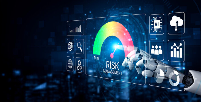 A striking representation of risk management featuring dynamic graphs, data visualization, and artificial intelligence elements in a futuristic digital setting. Cyphers