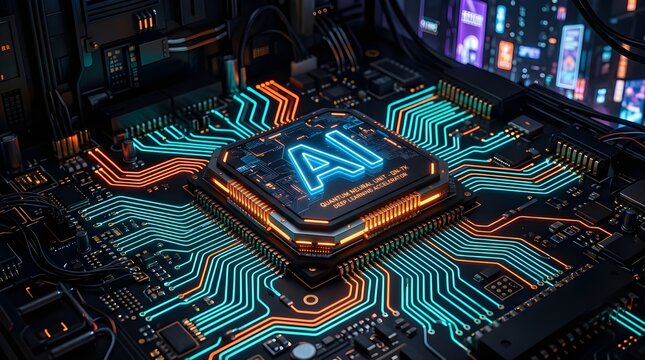 Futuristic microchip with glowing neon circuits in dark cyberpunk technology setting
