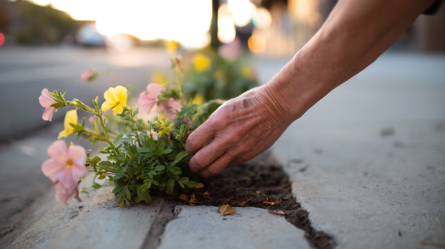 A close-up view of a person's hand tending to vibrant pink and yellow flowers blooming from cracks in urban concrete sidewalk with sunlight