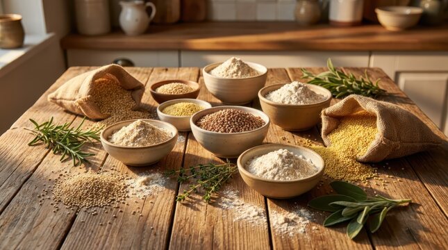 Overhead Arrangement of Gluten-Free Flours and Herbs in Golden Light