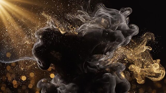 Dense black velvet smoke swirling with floating microscopic gold particles loop 1