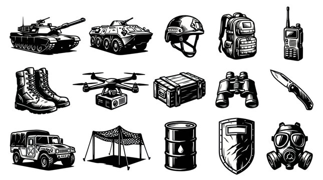 Military Combat and Army Gear Black and White Line Art Engraving Style Vector Illustration Set