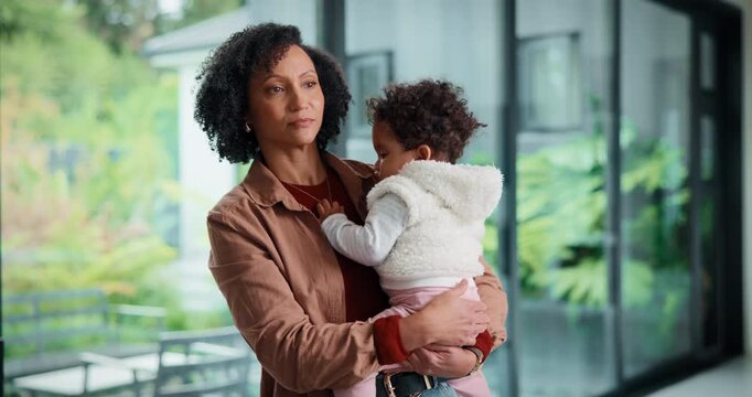 Mom, sway and bonding with baby in house, affection and patting daughter for comfort and connection. Serious, woman and soothing infant with rhythm, family and single parent with love for child