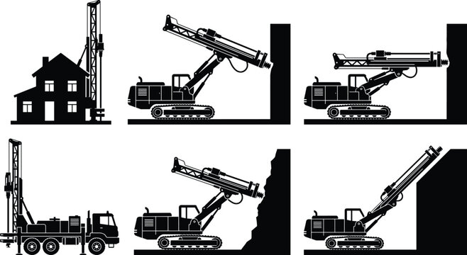 Construction drilling machines vector illustration showing heavy equipment operating near buildings and walls in foundation engineering artwork