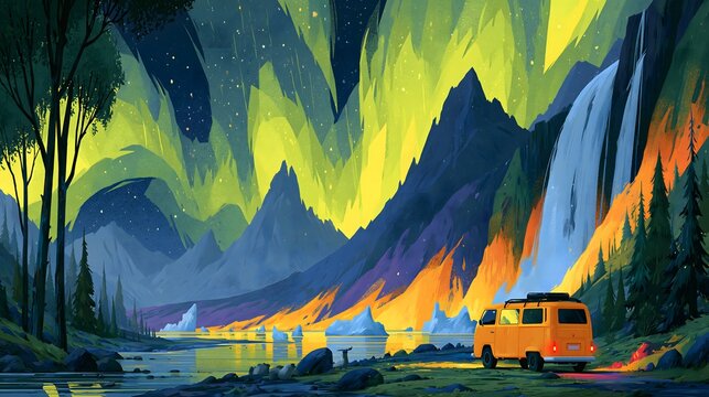 Orange van camping in vibrant mountain landscape with northern lights aurora borealis and colorful sky camping adventure.