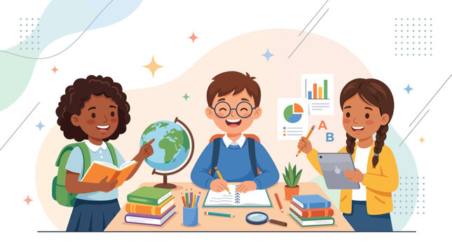 Diverse Children Studying and Learning Together Vector Illustration