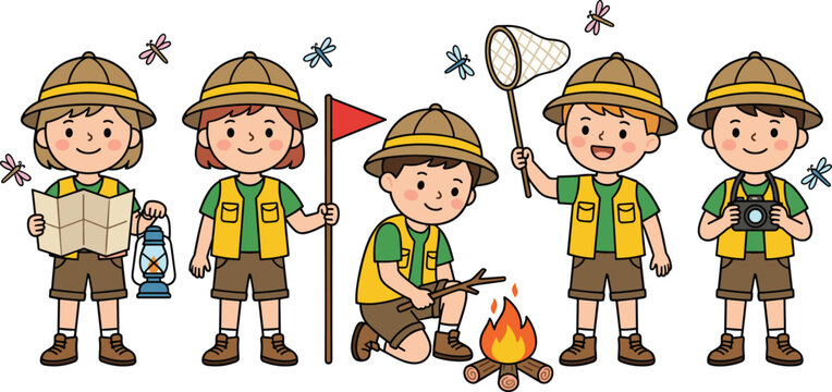 Scout camping vector illustration showing children exploring nature, lighting campfire, and engaging in outdoor adventure activities