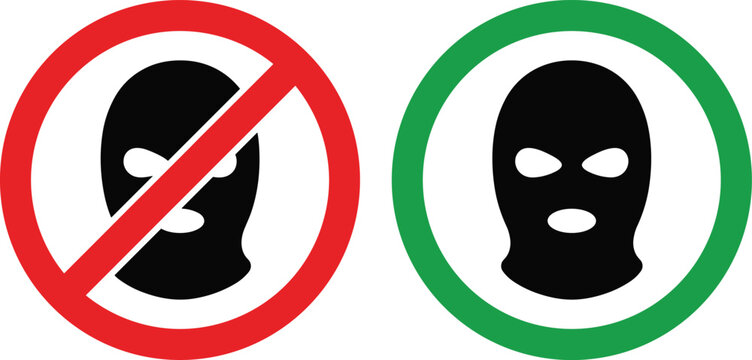 Ski mask prohibition and permission symbol illustrations with red no sign, green allowed icon, and vector design concepts