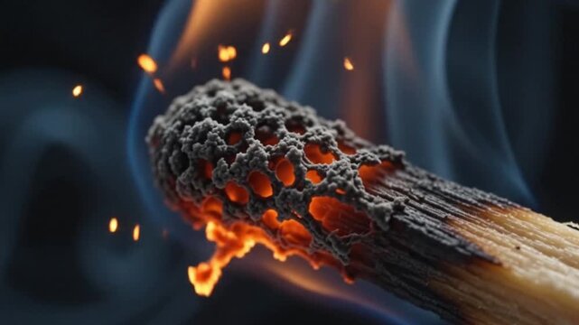 Burning wooden matchstick with glowing embers and swirling grey smoke captured in a high resolution cinematic 4k video clip