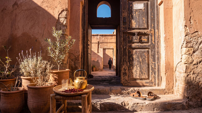 Traditional Moroccan riad courtyard entrance with old wooden door, potted plants.