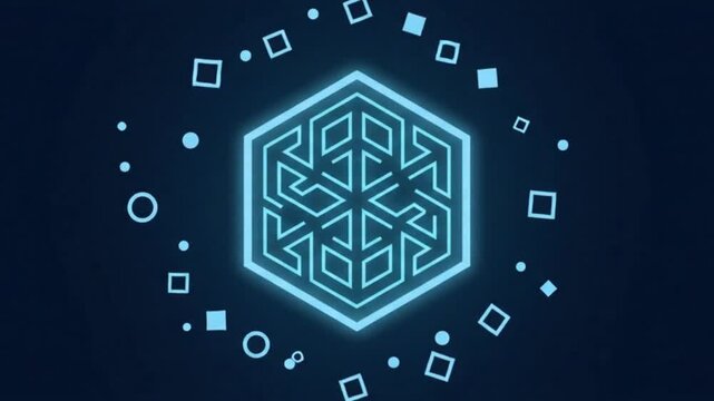 Glowing geometric logo animation reveals a metallic brand name with abstract floating shapes in a smooth 4k video clip