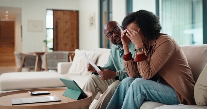 Stress, couple or argue with document in home for finance error, payment fail or debt pressure. Mature african people, conflict or worry with mortgage notice, financial bankruptcy or eviction warning