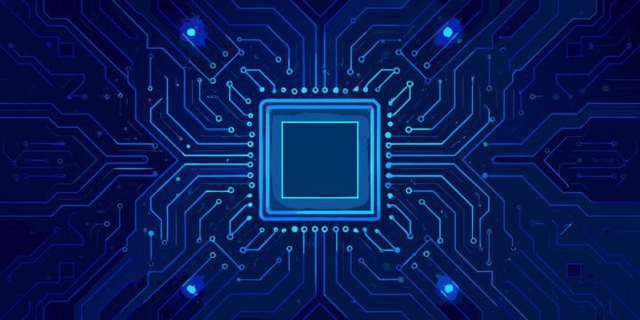 blue circuit board pattern with central microchip glowing lines and technology background