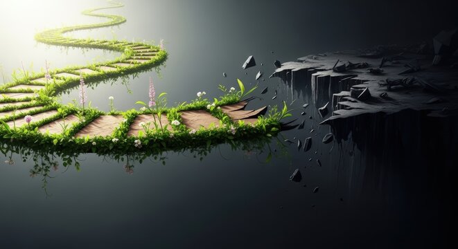 A winding path of stepping stones with green grass on a dark reflective surface leading towards light, ending abruptly at a jagged cliff edge.