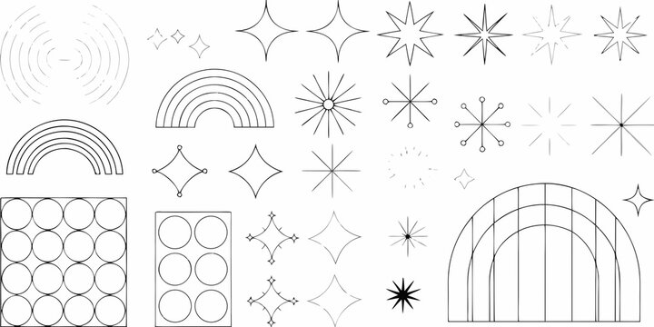 collection of minimalist black line drawings featuring stars rainbows and geometric shapes on a white background