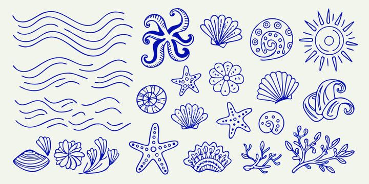 hand drawn nautical doodle set in blue ink featuring seashells waves and marine life