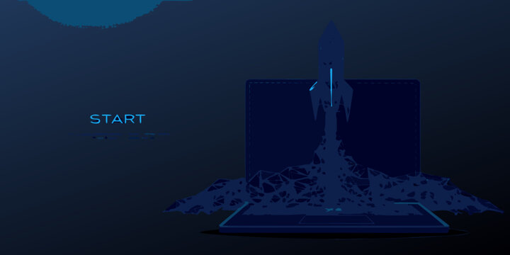 Wireframe rocket launching from a blue screen digital startup concept with start button