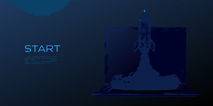 Blue wireframe rocket launching from a laptop screen digital startup concept