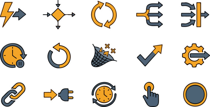Orange Gray Automation Process Icon Set Lightning Sync Refresh Merge Split Clock Gear Link Plugin Touch Button Vector Collection Isolated White Background Modern Design