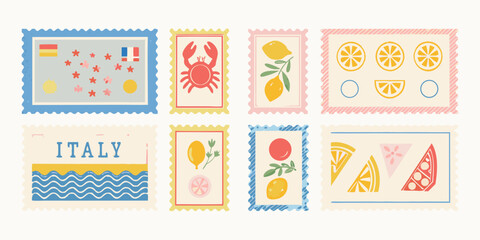 Collection of colorful illustrated postage stamps with vintage travel and food themes © Apurba