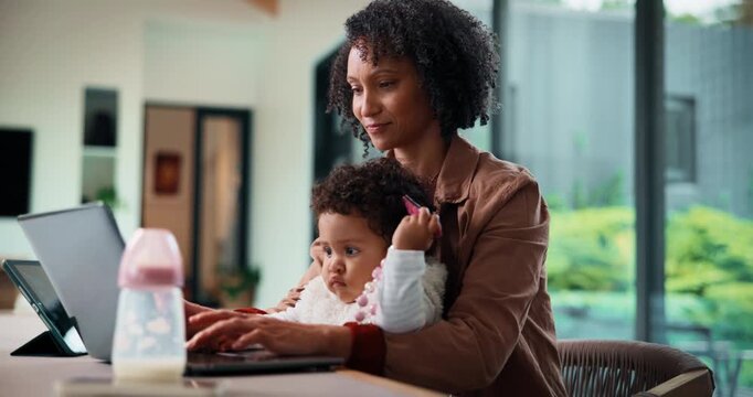 Laptop, woman and remote work with baby in house for email marketing, multitask and connection. Digital marketer, infant and mother with tech for typing newsletter, child bonding and responsibility