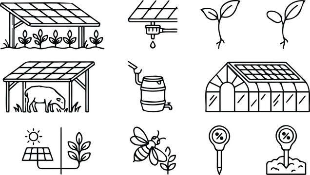 Sustainable Agriculture Line Icon Collection with Solar Farming Green Energy and Eco Technology Symbols