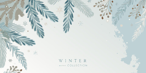 watercolor pine branches and berries in cool teal and gray winter botanical illustration © Apurba
