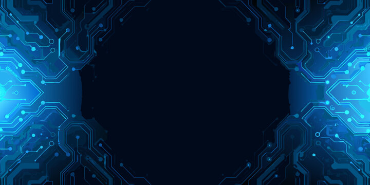 abstract blue circuit board pattern with symmetrical lines and glowing connections