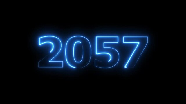 2057 Sal number neon text animation. Neon blue number new year background 4k video.