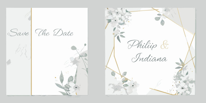watercolor floral wedding invitation card with gold foil geometric frame